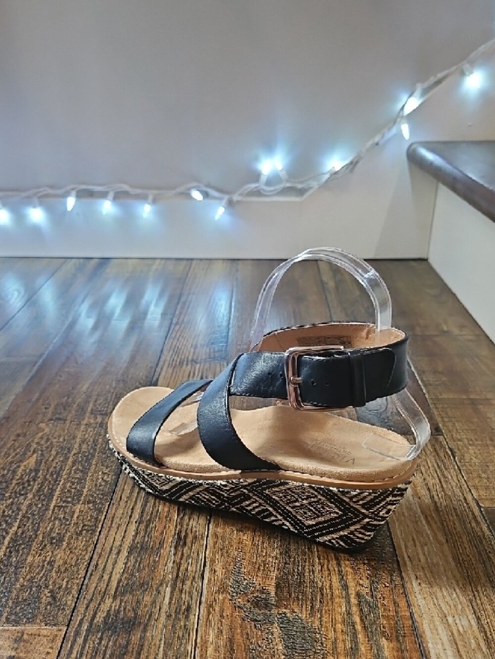 Vionic Black Strappy Wedge Sandals with Patterned Espadrille Heel - Picture 12 of 13